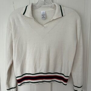 Nordstrom Cream V-Neck Sweater with Striped Hem